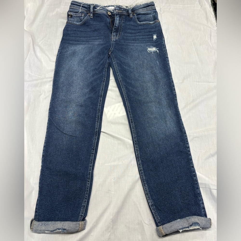 KanCan jeans, “mom cut” high rise, straight fit size 26. Frayed/distressed